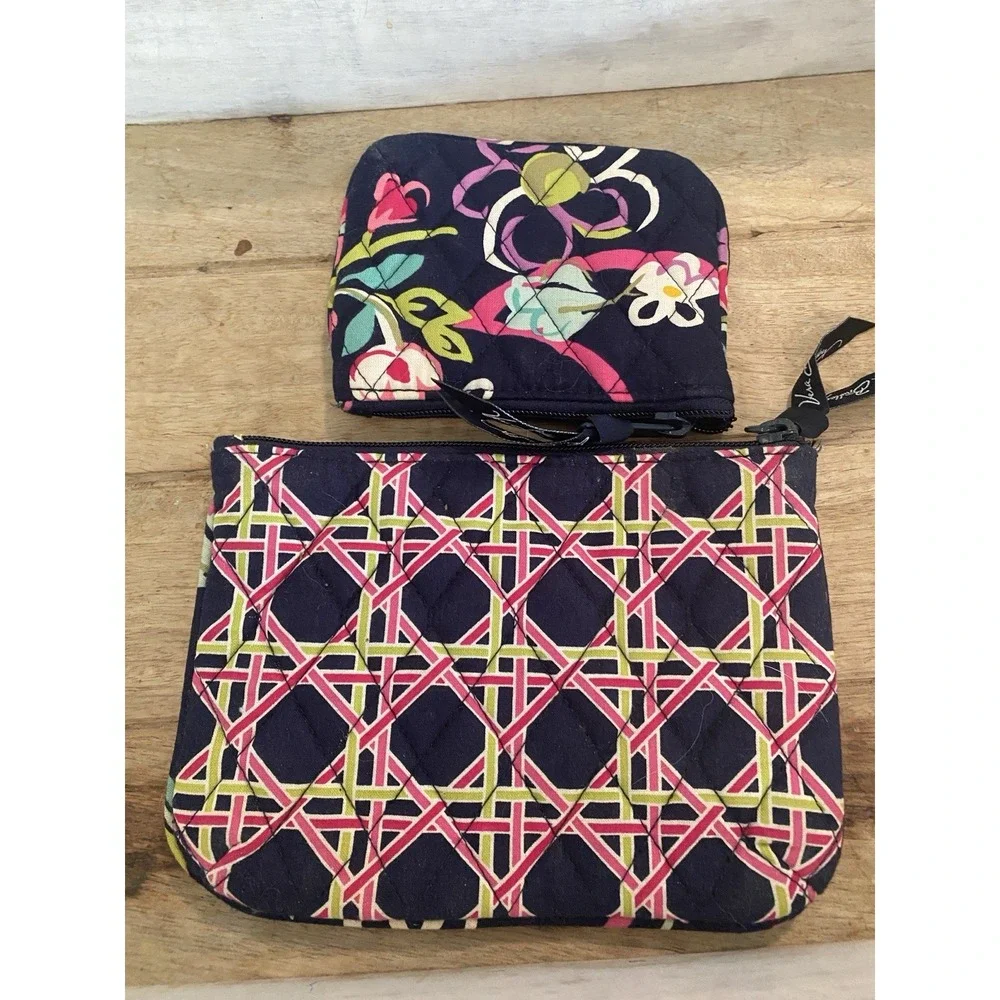 New Vera Bradley Plaid‎ Quilted Cosmetic Duo Navy Pink Blue Geometric & Floral